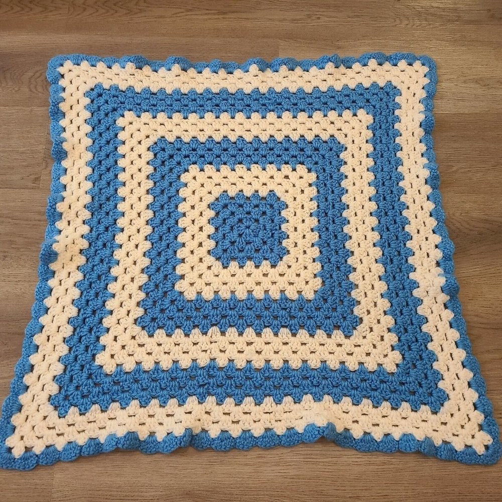 Crochet Afghan Throw‎ Blanket 29"x29” Vintage Handmade Blue & White Baby Nursey